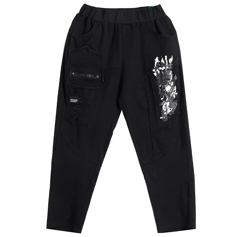 

Max LuLu European 2021 Spring New Trousers Women Loose Ripped Holes Harem Pant Ladies Black Printed Patchwork Pantalon Plus Size