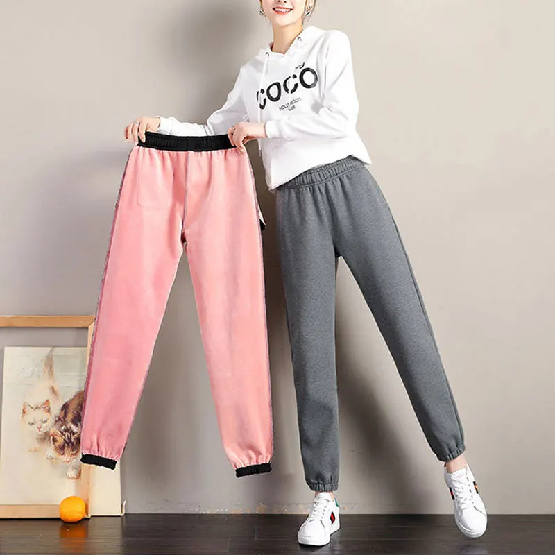 

Plus velvet Casual Winter pants women High waist warm Cotton Stretch pants Casual Sweatpants Grey Ankle length Harem Baggy pants