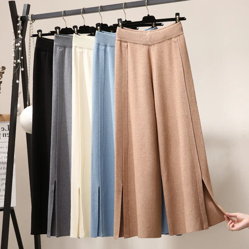 

Женские трикотажные брюки с широкими штанинами, толстые, с высокой талией, свободные, тонкие, шерстяные, Осень-зима, 2021