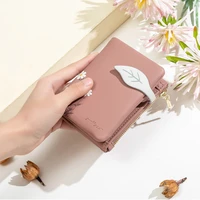 fashion female wallet short leaf print women wallet lady small nubuck leather purse girl card holders wallet with wrist strap