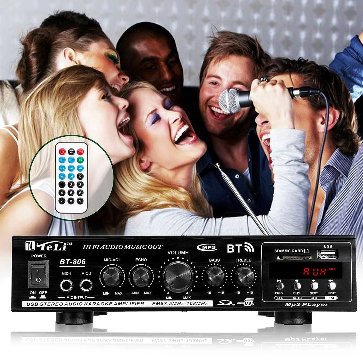 

12V/220V Car Home Wireless bluetooth Power Amplifier Dual Channel Sound Audio Stereo Receiver USB SD AUX MIC FM Radio