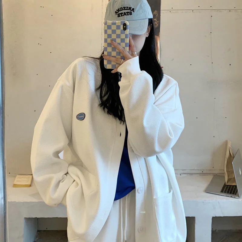 

Белый свитер, пальто, женская одежда на весну и осень, универсальный, новинка 2021, Корейская версия, свободный, ленивый, Модный маленький мужс...