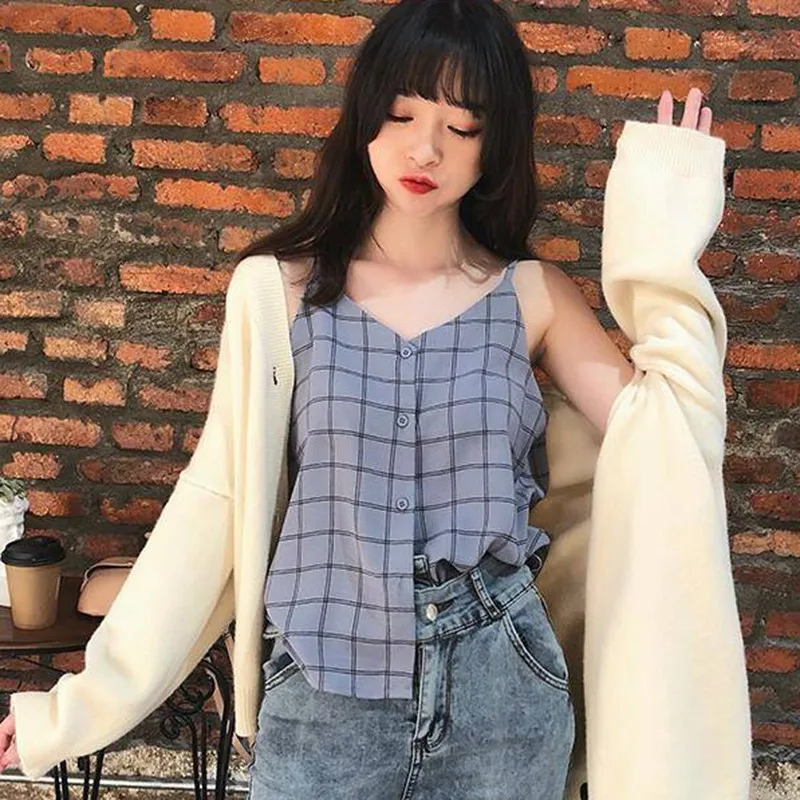 

Jlong Casual Plaid Chiffon Camisole Sexy V Neck Sleeveless Button Tank Top Women's Clothing
