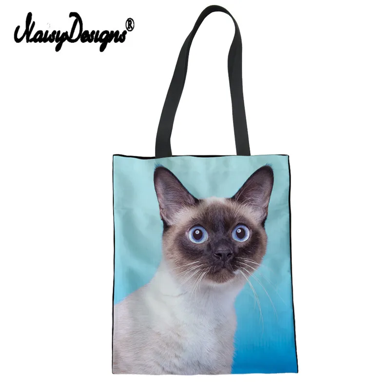 

NoisyDesigns New Women Siamese Cat Print Tote Bag Reusable Sac Shopping Pliable Tissu Books Trip Bag Handbag Folding Grocery Bag