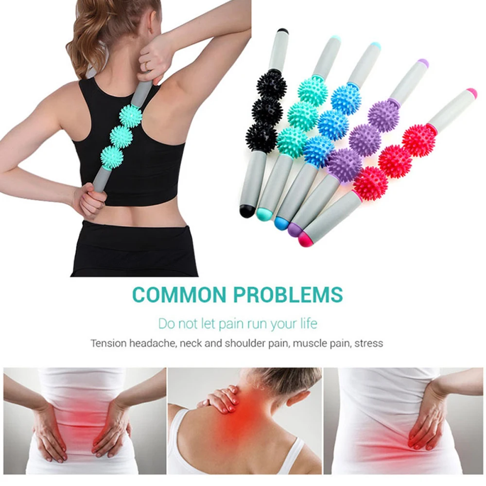 

Yoga Stick Gym Muscle Massage Roller Muscle Roller Sticks with 3 Point Spiky Ball Body Massage Relax Tool