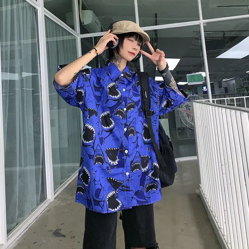 

HOUZHOU Summer Harajuku Vintage Shirt Women Short Sleeve Oversize Blouse Korean Fashion Button Up Cardigan Anime Clothes 2021