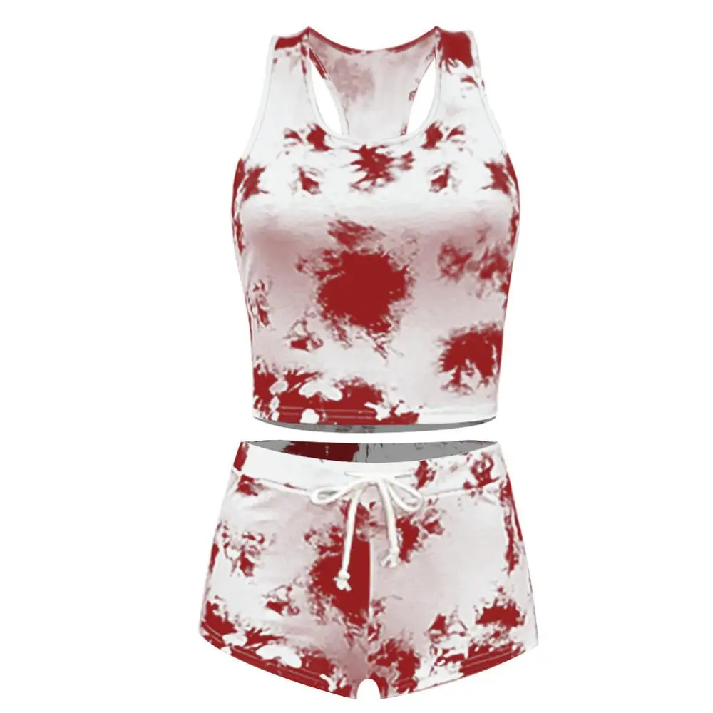 

Sporty activewear summer two piece set women tie dye vest crop top + drawstring joggers pants biker shorts sexy sleepwear