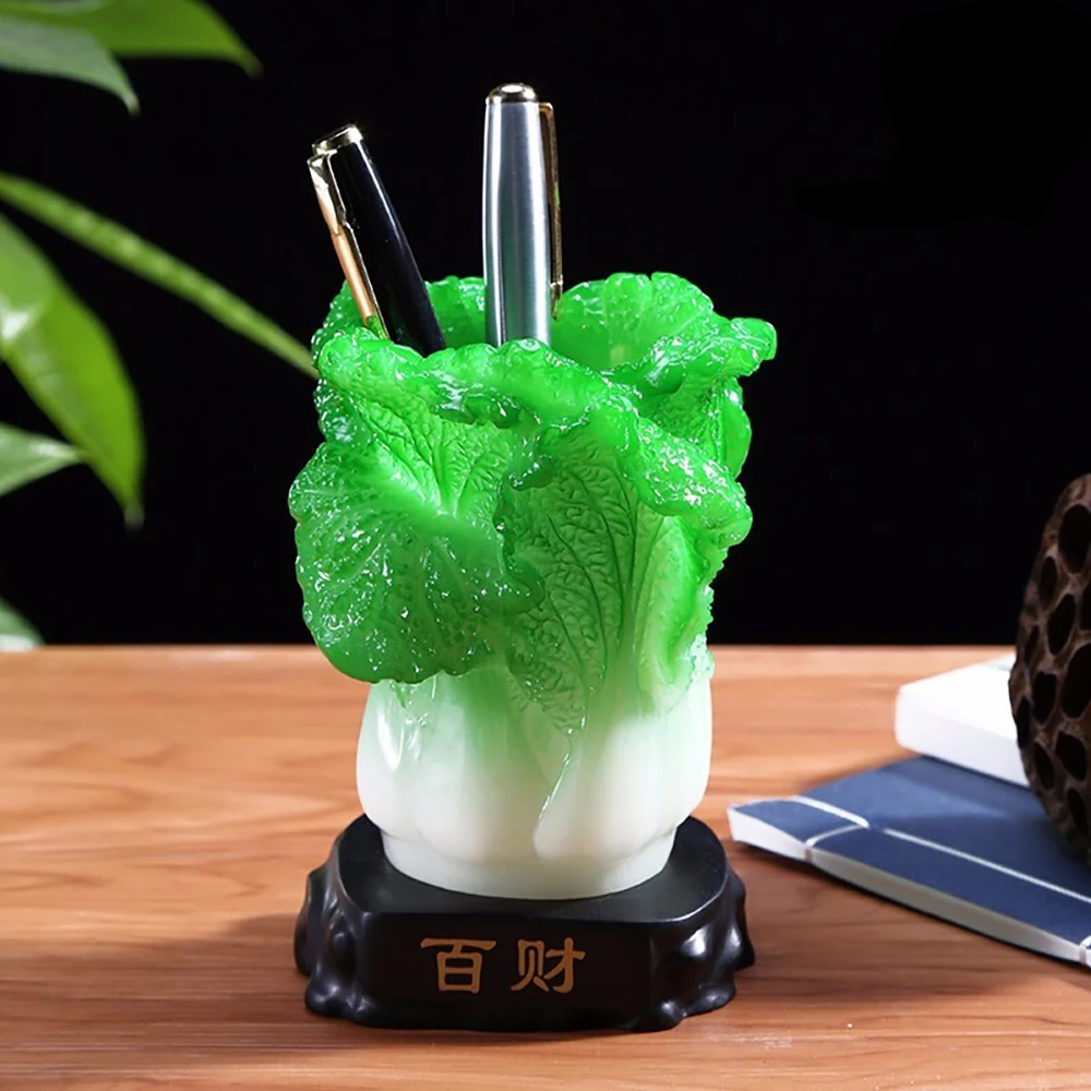 

Chinese Cabbage Resin Art Sculpture Pen Holder Stationary Box Study Room Decor Ornament Desk Accessories Home Office Decorations