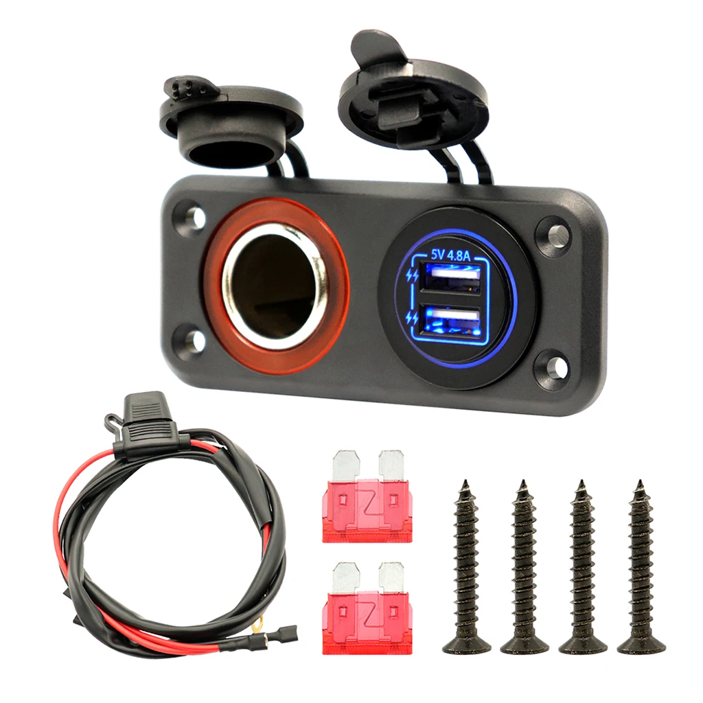 

Dual USB Charger Socket Fast Charge 12V Marine Cigarette Lighter Adapter for 12V/24V Boat Motorcycle Truck, Blue LED Lights