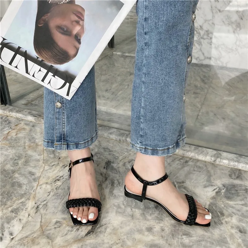 

Block Heels Fashion Womens Shoes 2021 High Sandals Female Med Buckle Strap Chunky Luxury High-heeled New Girls Beige Medium Clea