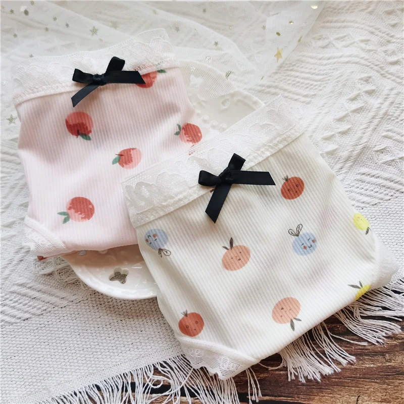 

Fruit Candy Girl‘s Underwear Sweetheart Cute Ice Silk Print Coastlace Edge Bow Comfortable Small Fresh Low Waist Sweet Seamless