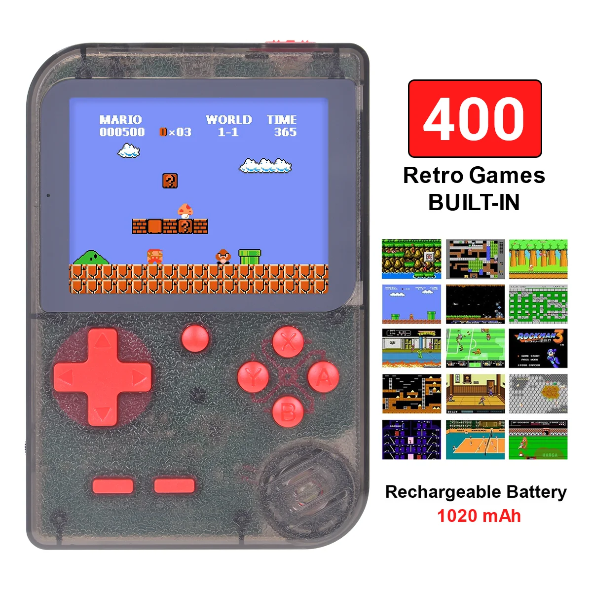 

Retro Handheld Game Console Portable 8 Bit 400 in 1 Classic Games FC NES 3" Monitor Big Screen Christmas Gifts Transparent Gray