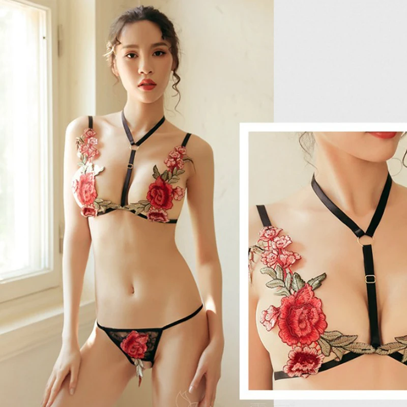 

Sexy Ultrathin Lace Bra Panties Set Women Lingerie Lace Embroidery Floral Strappy Unpadded Bra Black Push Up Halter Bra