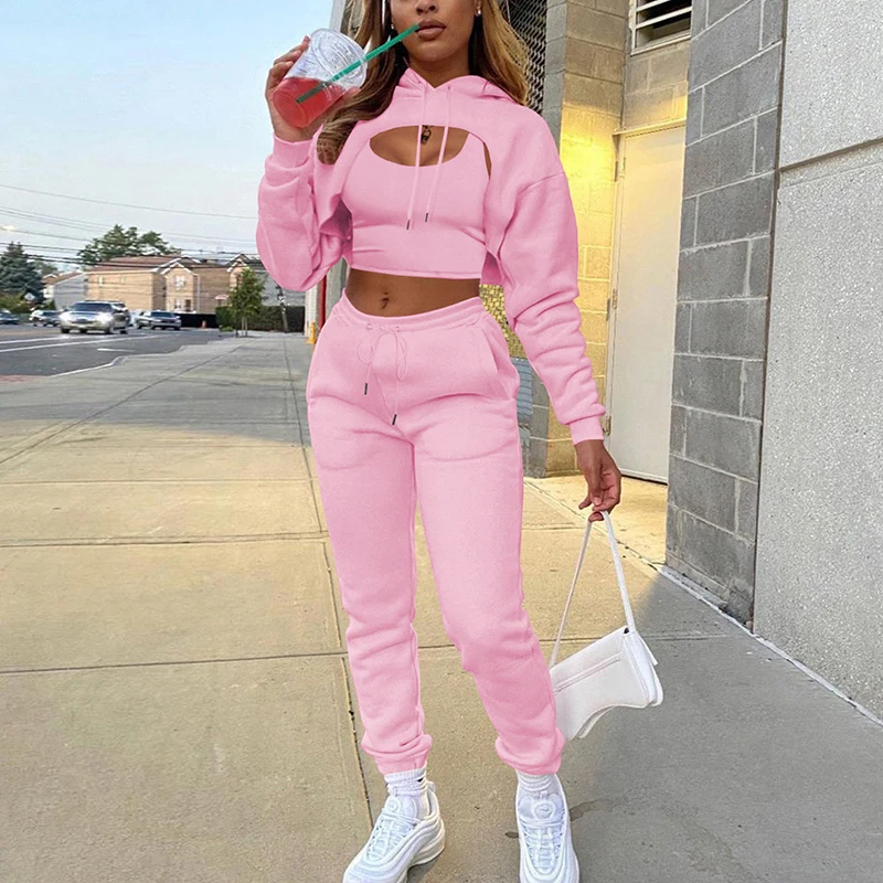 

New Winter Women Fashion Plus Velvet Warm Three Pieces Suit Solid Color Long Sleeved Hoodies Drawstring Vest Pants Lady Trousers