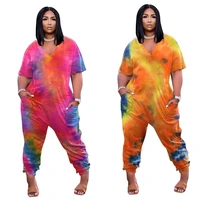plus size womens clothing sexy v neck personality tie dye printing fashion street wear short sleeved casual loose jumpsuit