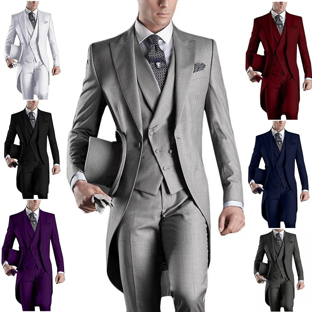 Custom Made White/black/grey/burgundy Tailcoat Men Party Prom Groomsmen Suits For Wedding Tuxedos Jacket+pants+vest