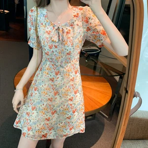 Women's Dress 2021 Summer New Women's Clothes Cute Square Neck Sexy Top Women Mini Skirt Waist Floral Chiffon Dress Women 10 item image