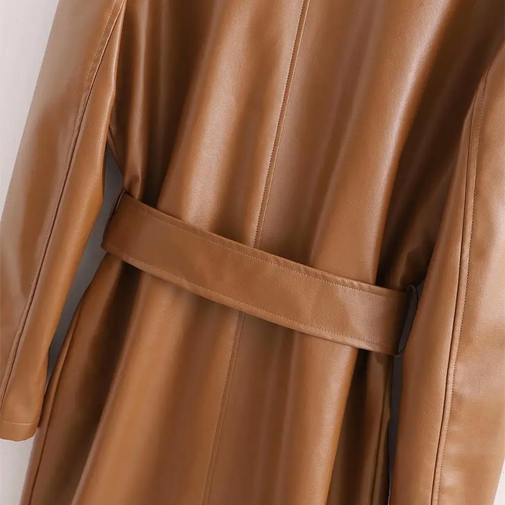 

High Quality Women Leather Trench Coat Long Sleeve Sashes PU Double Breasted Overcoat Lady Windbreaker Clothing Manteau Femme