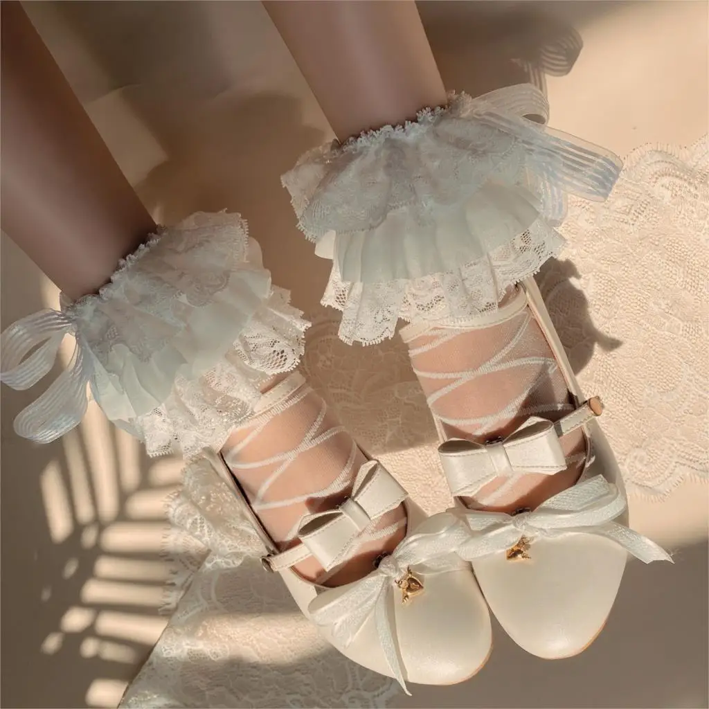 

Lolita Crystal Hua Bian Wa Striped Strap Bow Soft Sister Socks Women