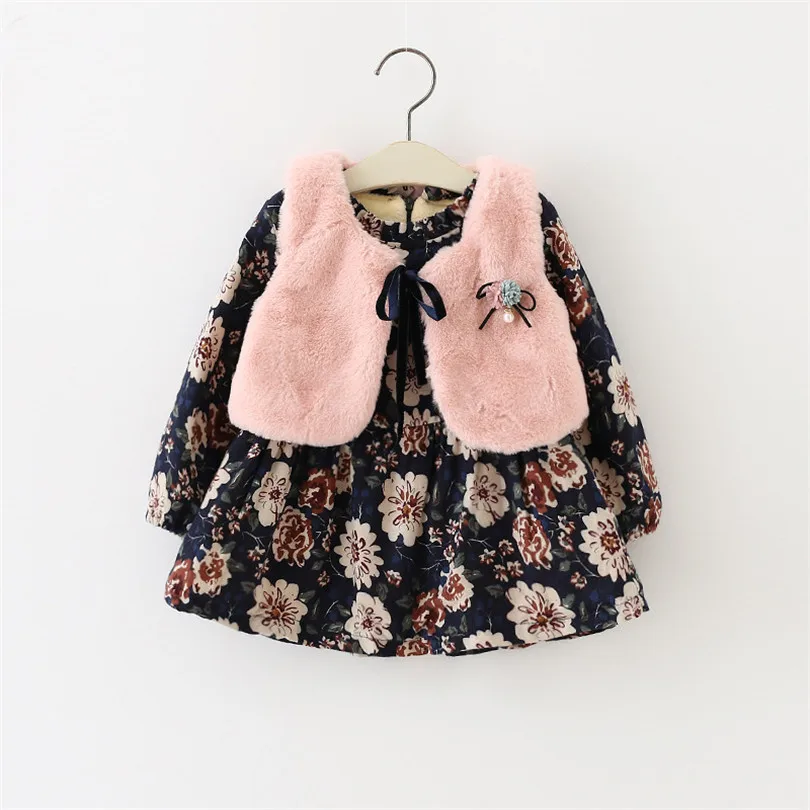 Платье для маленьких девочек жилет из искусственного меха + Бархатная одежда с