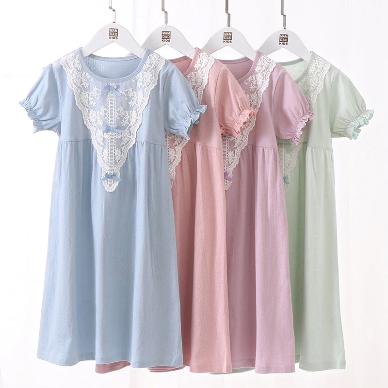 

New Children's Nightdress Girls Cotton Nightgowns Baby Mother Kids Pajamas Short Sleeve Lace Jacquard Girl Parent-Child Dress