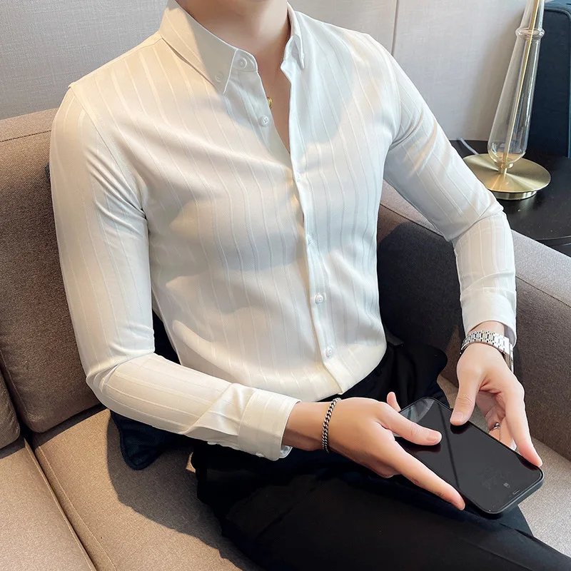 

OIMG New men's long-sleeved shirt dark stripes handsome casual shirt simple temperament men's long-sleeved shirt