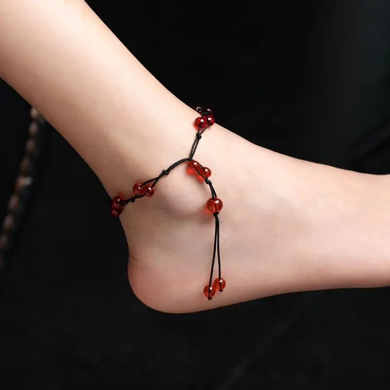 Браслет на ногу Женский плетеный браслет с Красной веревкой чёрный светящийся в