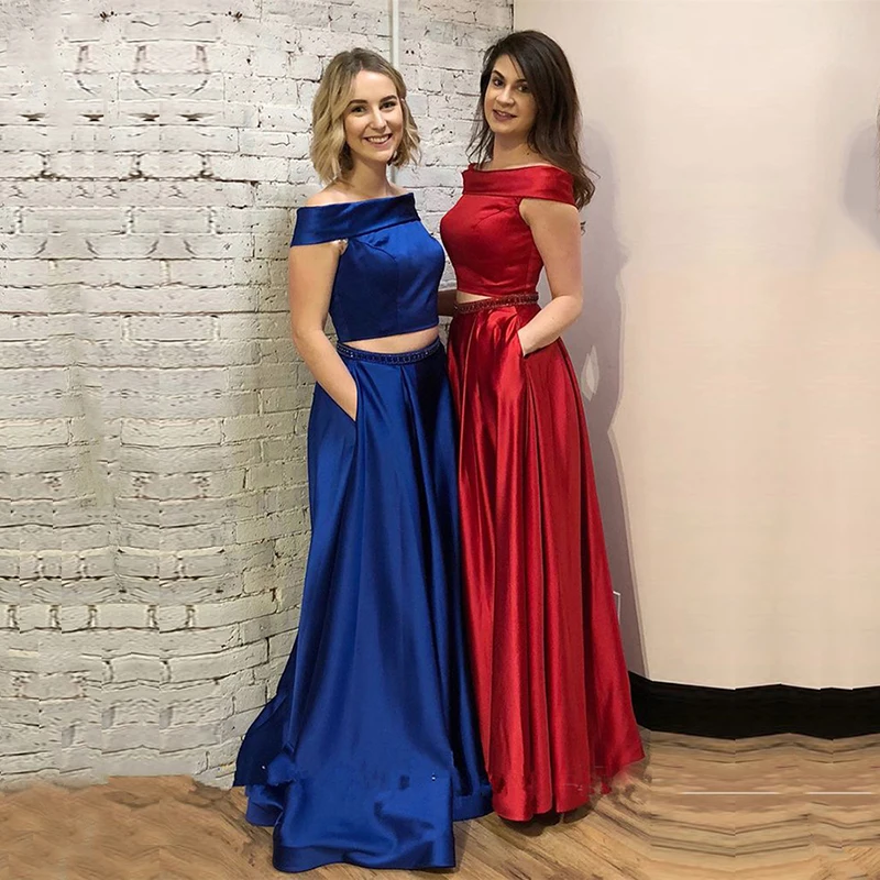 

Eightale Two Piece Prom Dresses Boat Neck Off the Shoulder Beaded Elegant Real Satin Party Dresses Graduation Evening Gowns