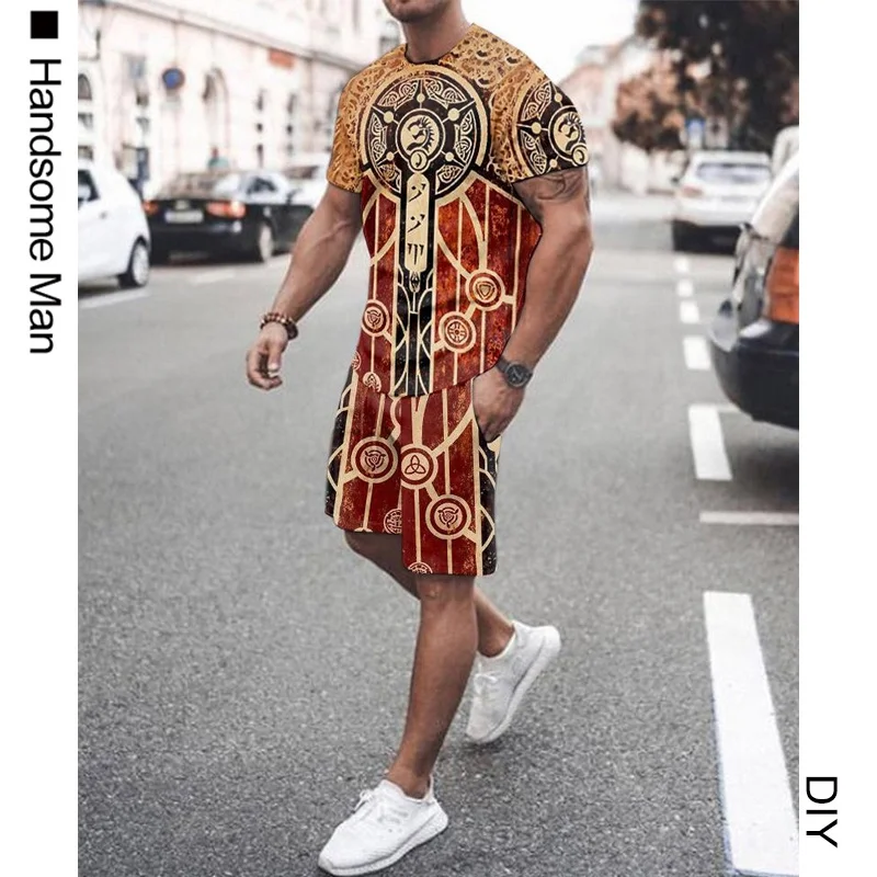 

New Harajuku 3D digital printing round neck T-shirt suit oversized cool fashion men's and women's T-shirt + shorts sportswear