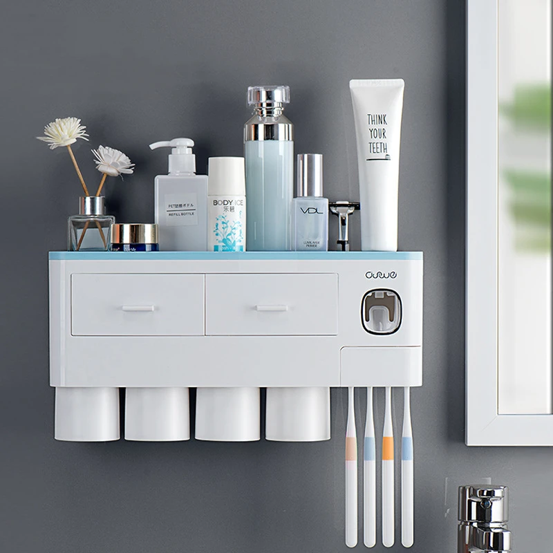 

Toothbrush Holder Wall-Mounted Toothbrush Cup Rack Bathroom Toiletries Storage Toothpaste Squeezing Device Family Set