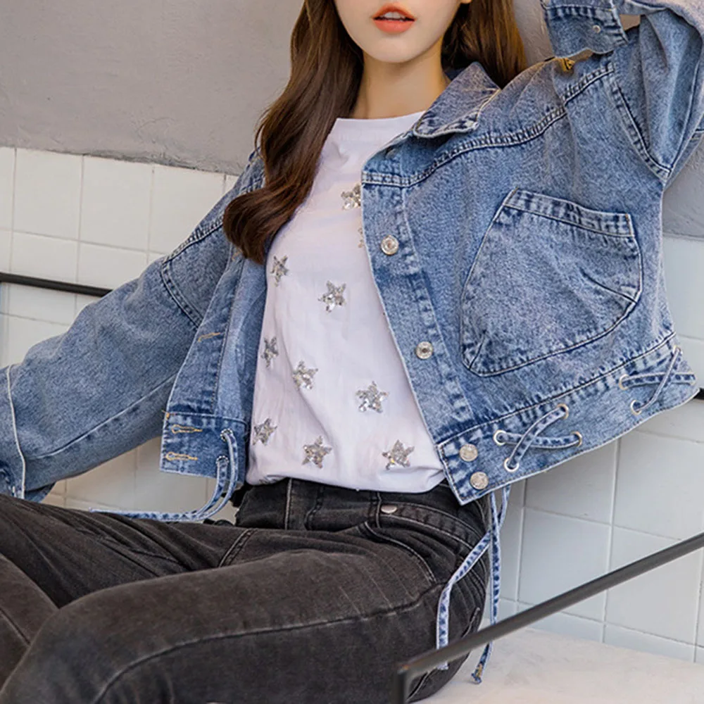 Джинсовая куртка BF Повседневная Свободная джинсовая на шнуровке осень корейский