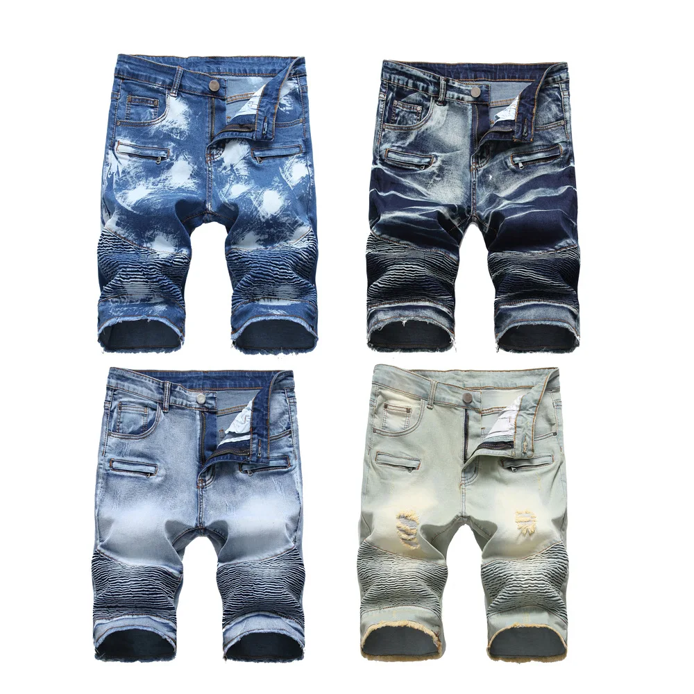 

Summer Breeches Hommes Cowboys Short Trousers Motorcycle Zipper Pleated Denim Shorts Fashion Men Stretch Knee Length Jeans Pants
