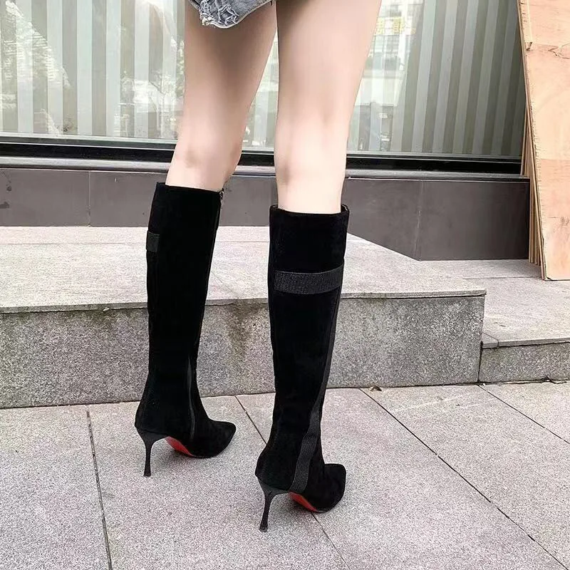 New Black Knee-High Boots Female Zipper Long Fenty Beauty High Heels Riding Women's Red Bottom botines mujer |