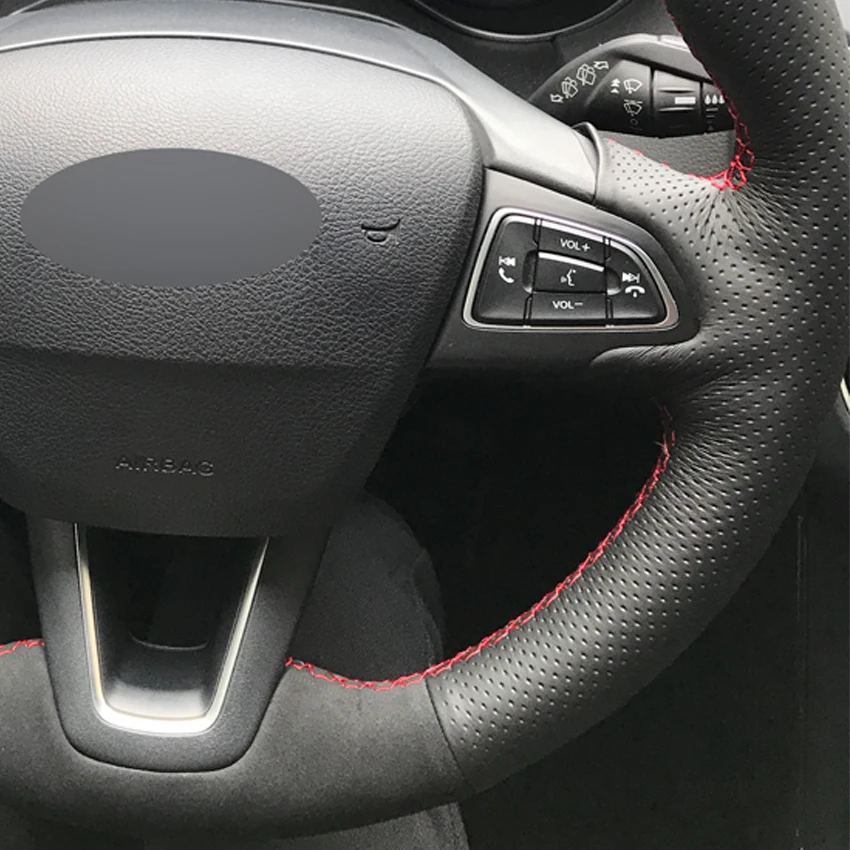 

LQTENLEO Black Suede Leather DIY Car Steering Wheel Cover For Ford Focus 3 2014-2018 Kuga Escape C-MAX Ecosport 2015-2019