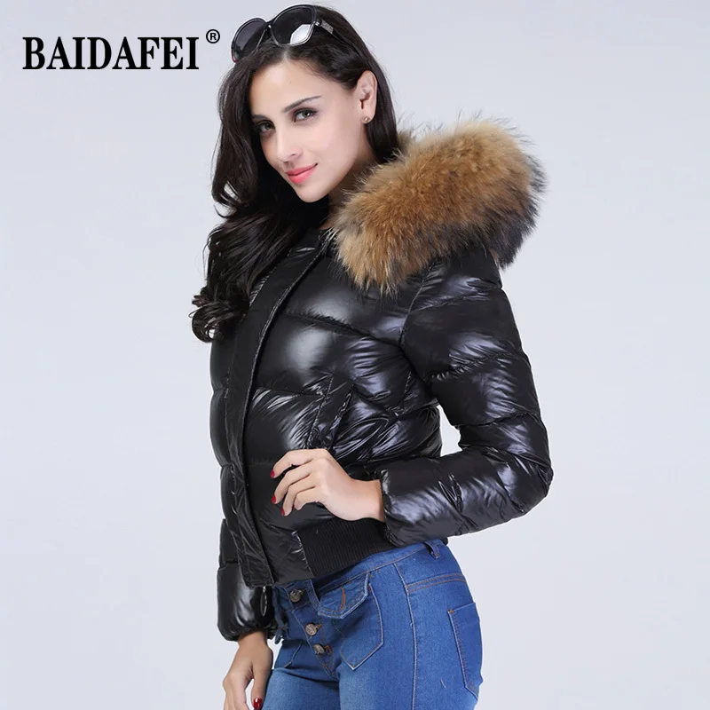 

BAIDAFEI Waterproof Down Coat Winter Women Puffer Shiny Jacket 2021 Natural Raccoon Fur Hooded Short 90% White Duck Down Parkas