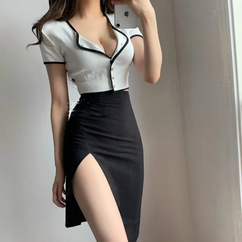 

WOMENGAGA 2021 Summer New Round Neck Color Matching Lady Temperament Ruffle Sweet Navel Short Knitted T-shirt Top Women Y5K0