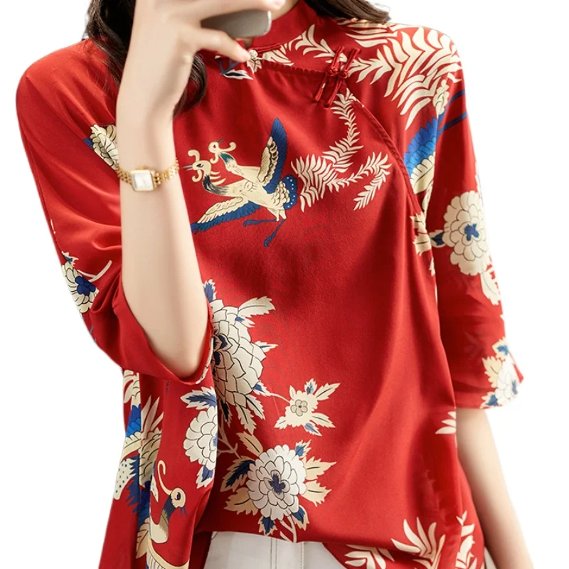 

Red Retro Cheongsam Top Ladies Fashion Crane Print Cheongsam Long Sleeves Chinese Traditional Loose Stand-up Collar Shirt