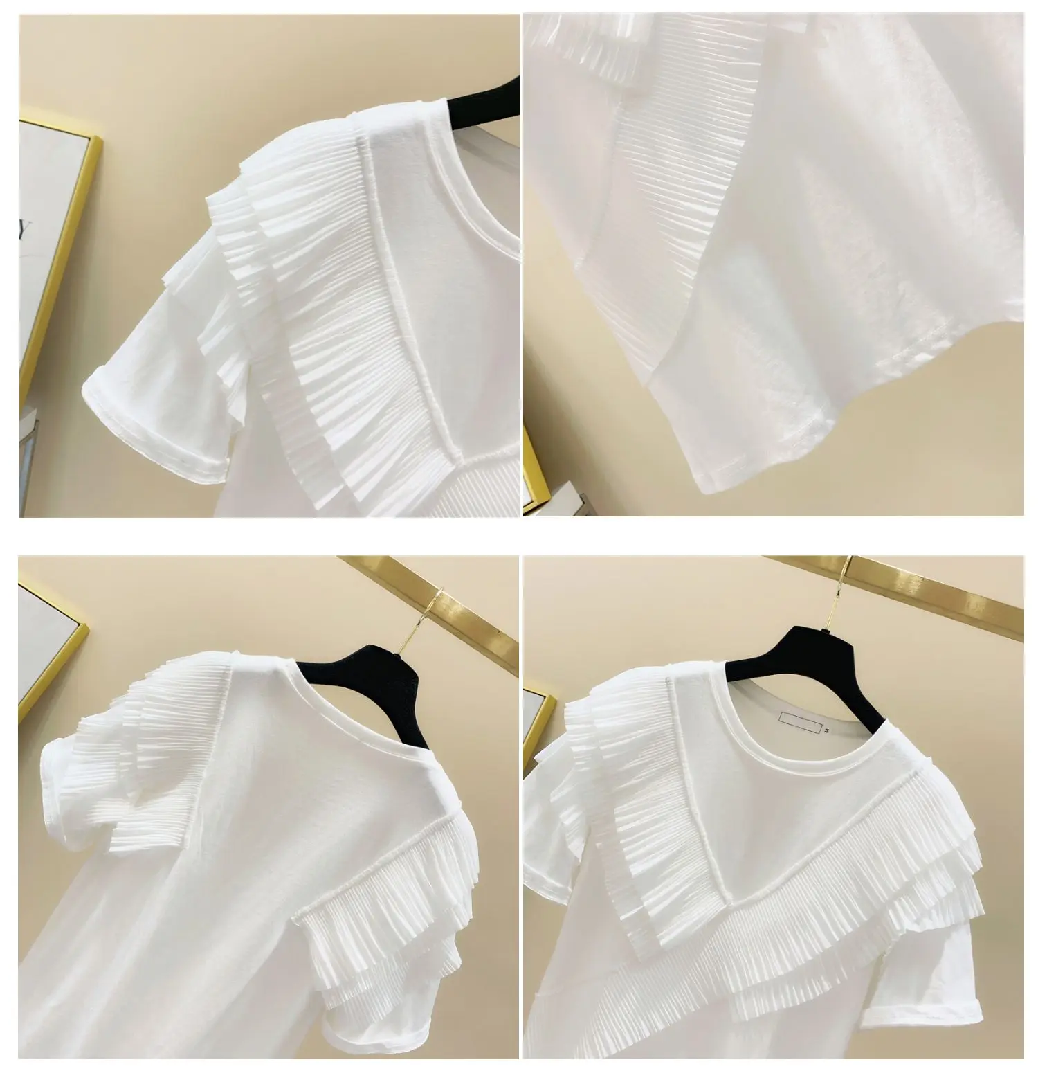 

Creative Patchwork Pleated Ruffled White Summer T-shirt Women 2021 New Loose O-Neck Solid Color Short Sleeve Women's T-shirt Top