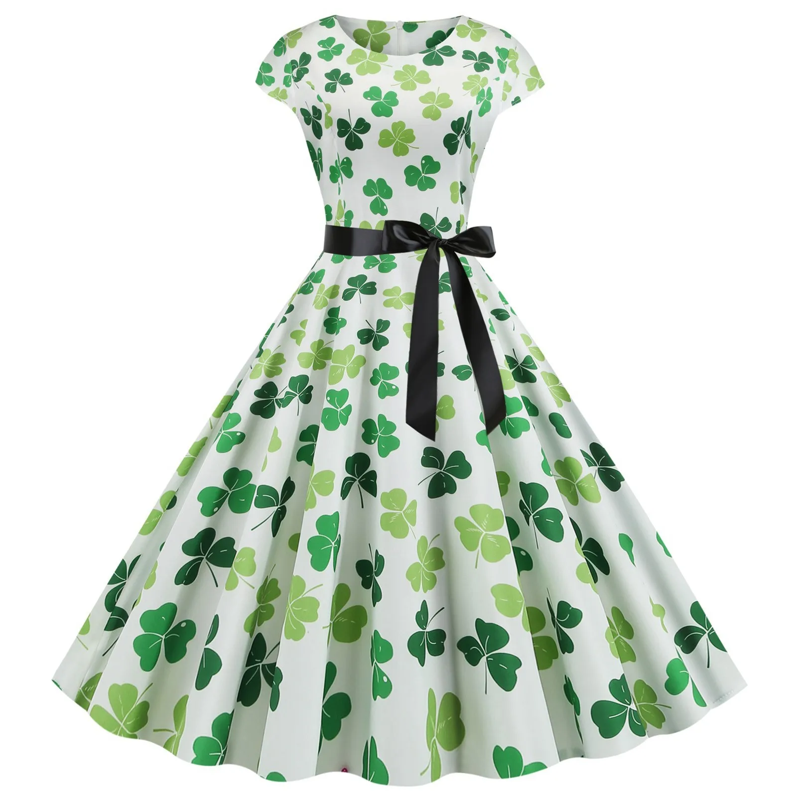 

Casual luxurious Women St. Patrick's Day Retro O-Neck Printed Short-Sleeve Big Swing Dress Ireland Day Festive dress LW