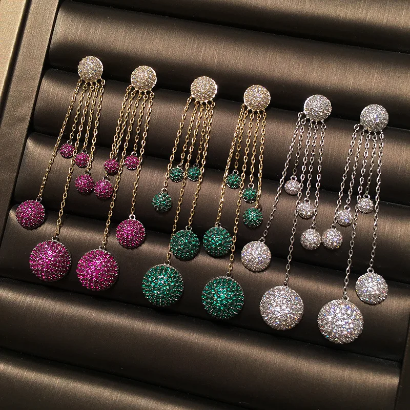 

Luxury micro-inlaid zircon long tassel earrings 210318-79