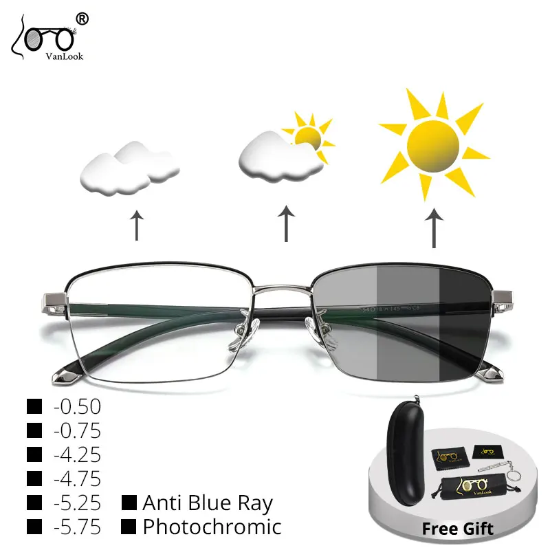 

Photochromic Sunglasses Myopia Men's Anti Blue Ray Computer Glasses Sun Glasses Frame -0.50-0.75-1.25-4.25-4.75-5.25-5.75-6.00