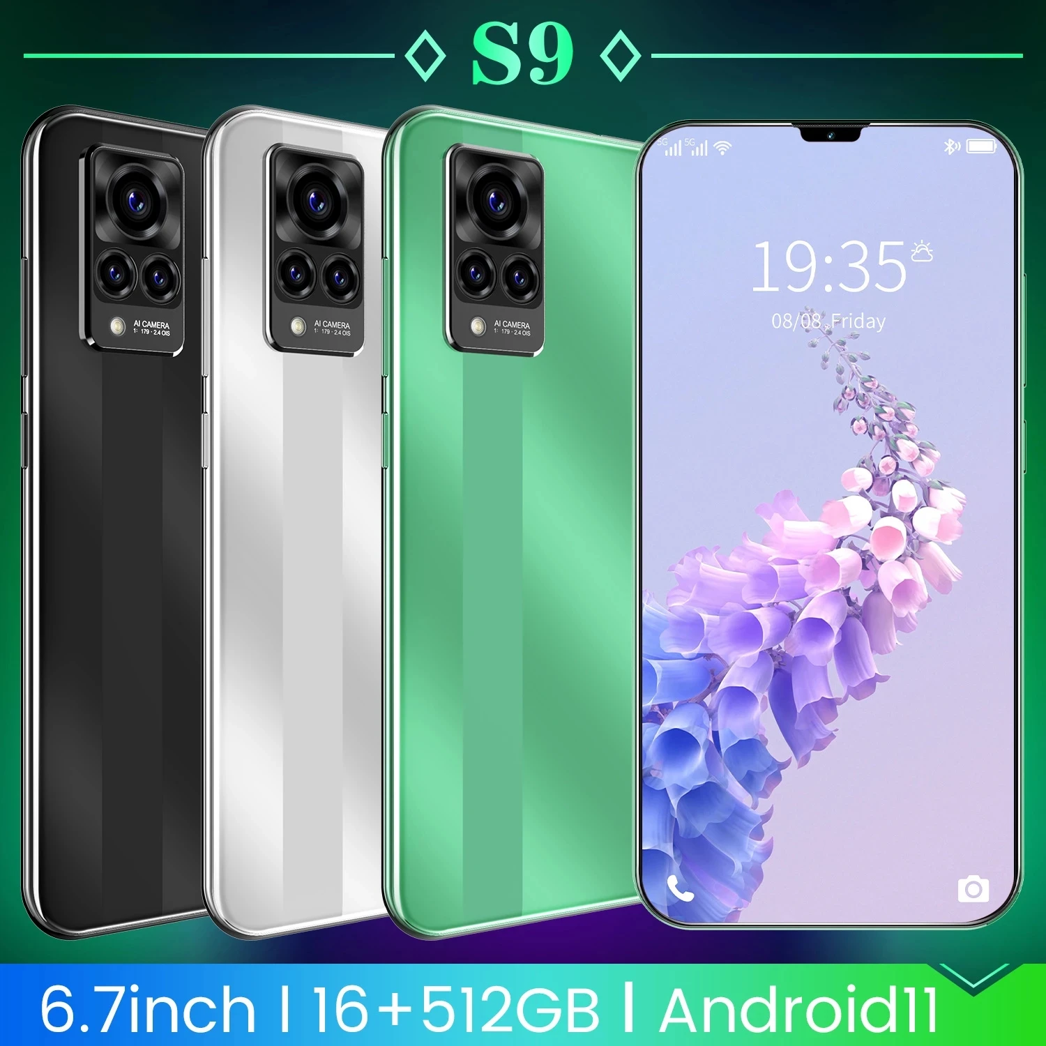 

Global Version 5G S9 6.7 Inch Triple Camera Android 10 Dual SIM Card Telephone 6000mAh Battery 8GB+256GB ROM 4G Android Phone