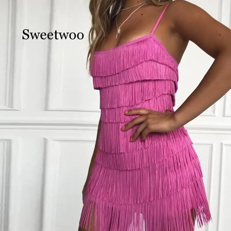 

Tassel Dress Women Sexy Summer Flapper Beach Dress Strap Low Cut Black White Short Fringe Party Dresses Sexy clubwear
