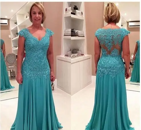 

Deep V Neck Cap Sleeves Teal Chiffon Lace Applique Wedding Guest Dress Mother Of The Bride Dresses