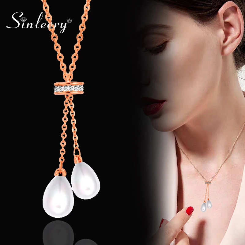 

SINLEERY Drop Shape Pearl Necklace Rose Gold Color Adjustable Crystal Inlay Chain Pendant Necklace Jewelry XL197 SSC