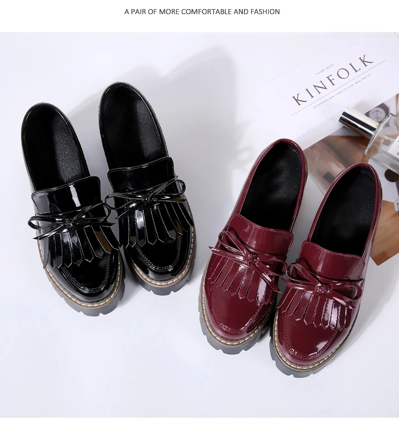 O16U Women Autumn Shoes Patent Leather Slip on Tassel Loafers Platform Flat Casual Shoes Women Flats Spring Shoes for Ladies
