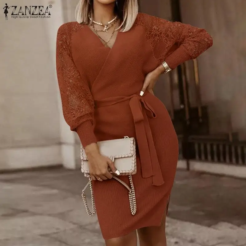 

Женский тонкий кружевной сарафан в стиле пэчворк ZANZEA, элегантное платье с длинным рукавом и V-образным вырезом, осеннее вязаное крючком плат...