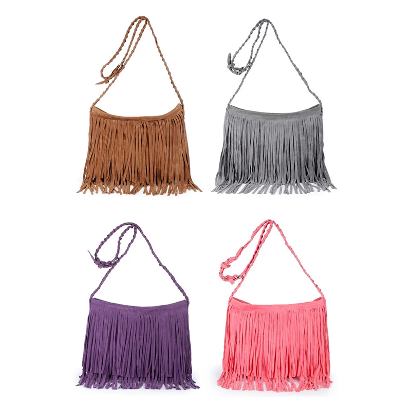 

Hot Selling Women's Fringed Leather Shoulder Bag with Adjustable Knitting Strap Soft Ethnic Style PU Messenger Bag Solid Color