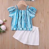 2022 new summer puff sleeve sling wave striped topshorts 2pcs girl clothes kid sets for girls children clothes