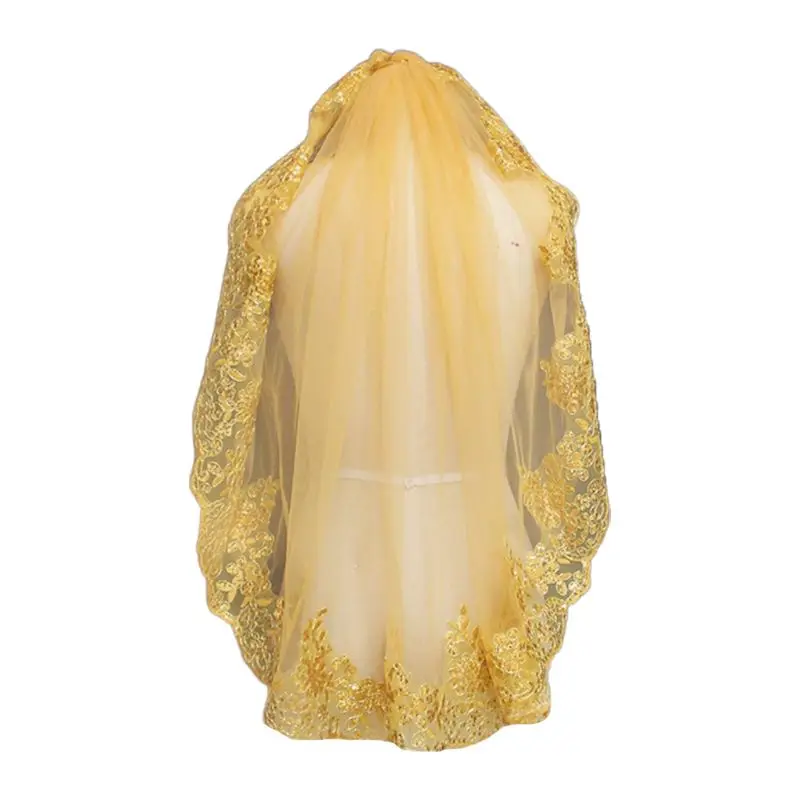 

Women Soft Mesh Metallic Gold Sequins Embroidered Lace Vintage Mantilla Wedding Veil Head Covering with Comb Party Costume